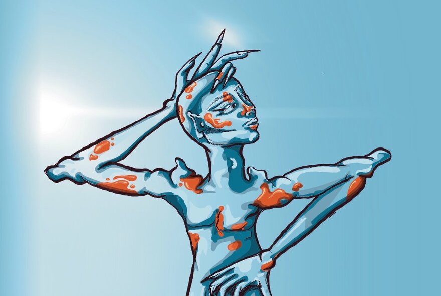 Artwork of a creature person outlined with orange splotches against a blue background.