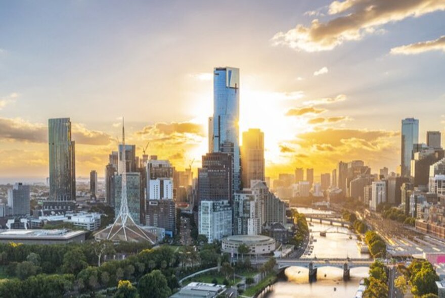 Looking across Melbourne with many majoy landmarks visible at sunset. 
