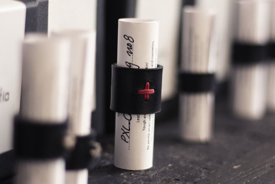 Black goth rings with details including a red cross, with paper labels rolled up inside them.