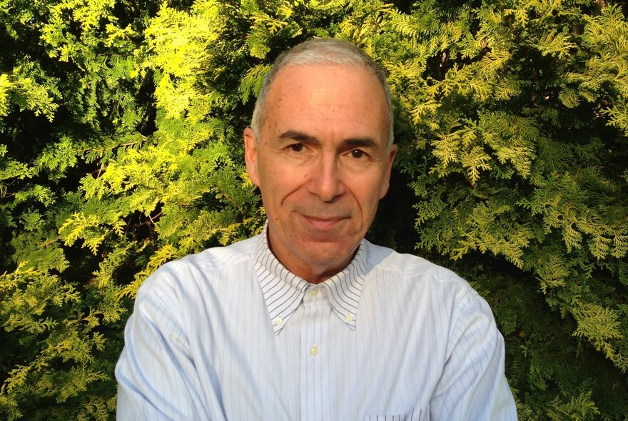 Man wearing a buttoned-up white shirt, standing in front of a yellow-green conifer.