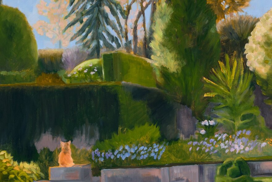An oil painting of a ginger cat on a low wall in an elaborate garden setting. 