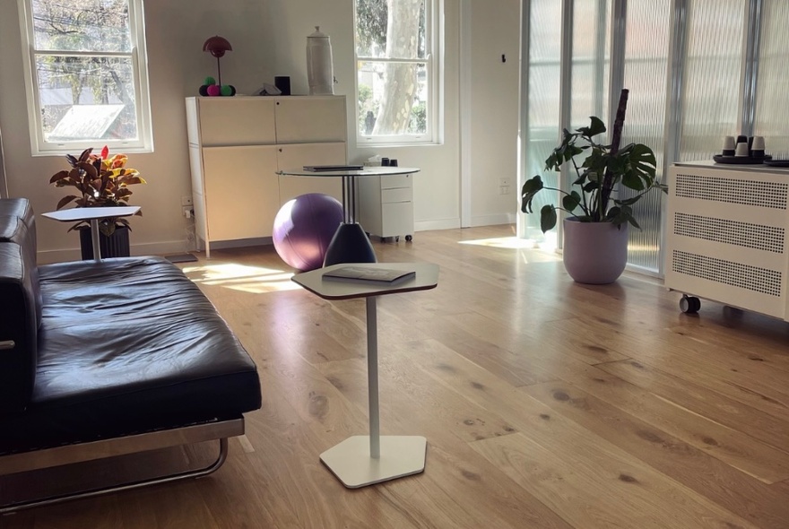 Reception area of a PIlates studio showing a couch, table, plants and a front desk.