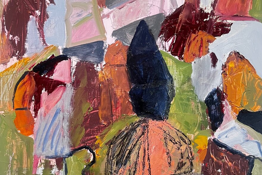 An expressive abstract painting in earthy tones of green, ochres, pinks and greys.