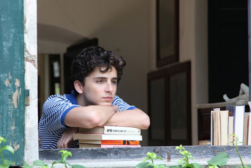 Actor Timothée Chalamet resting his head on his arms on a pile of books in an open window.