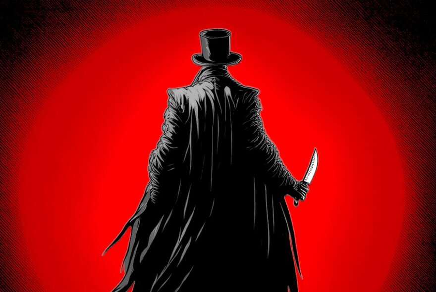 An illustration of the back of a person in a long coat and top hat, holding a dagger, against a bright red background.