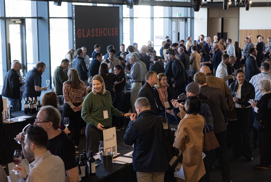 A wine tasting event with numerous attendees browsing booths.