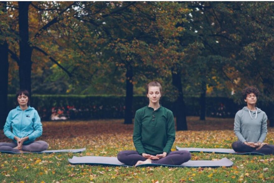 Three people seated on yoga mats in meditation poses in a garden setting with autumn leaves.