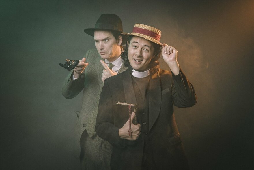 People in English period costume, one looking suspicious in a big black hat, another looking like a vicar in a straw boater. 