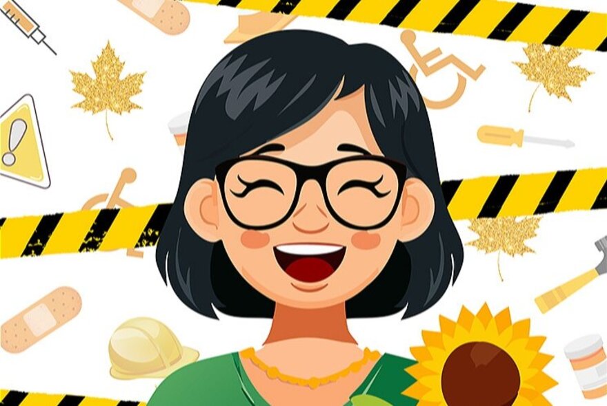 A cartoonish drawing of a woman smiling with her mouth open and eyes closed in front of a background littered with bandaids, tools, caution tape and a sunflower.