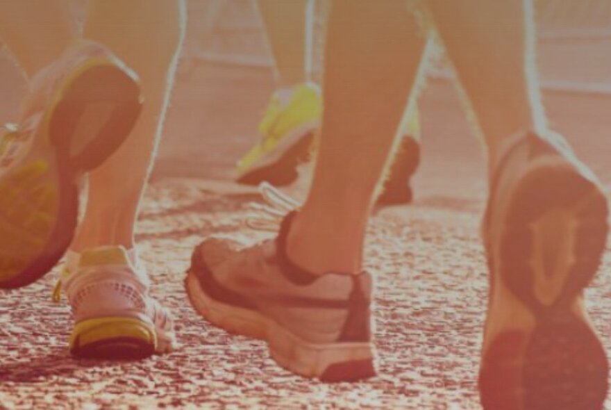 Walkers feet wearing trainers, walking along a pebbled path.