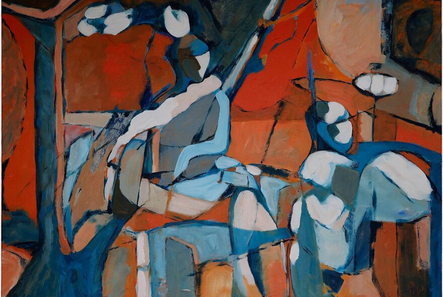 Abstract artwork in shades of red, ochre, blue and grey.