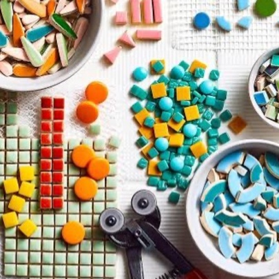 Bowls of mosaic tiles with equipment.