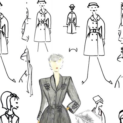 Fashion sketches showing multiple figures and silhouettes wearing coats. 