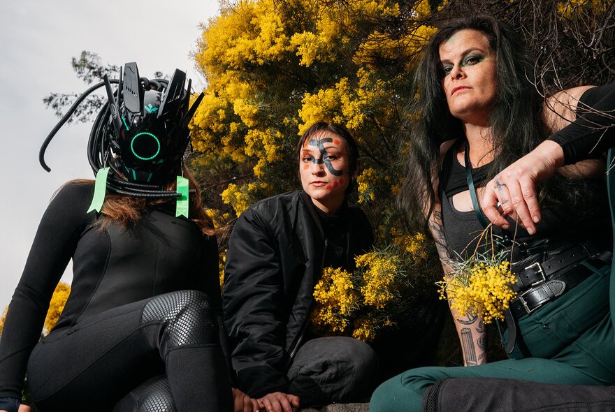 Game participants dressed in costumes and posed in front of a flowering yellow wattle tree. 
