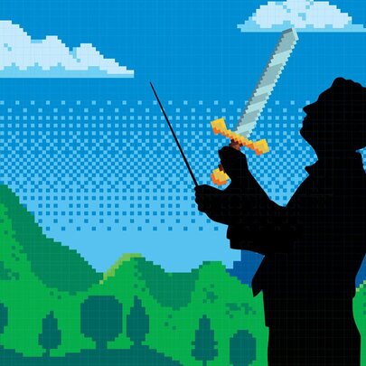 A black silhouetted of a man holding a sword and a conductor's baton against a background similar to a Nintendo game with green hills and pixelated sky.