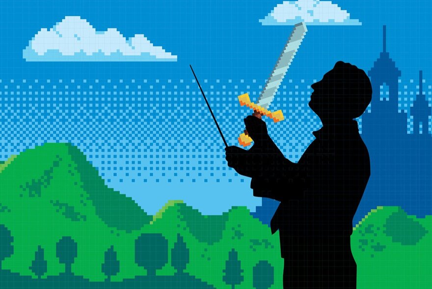 A black silhouetted of a man holding a sword and a conductor's baton against a background similar to a Nintendo game with green hills and pixelated sky.