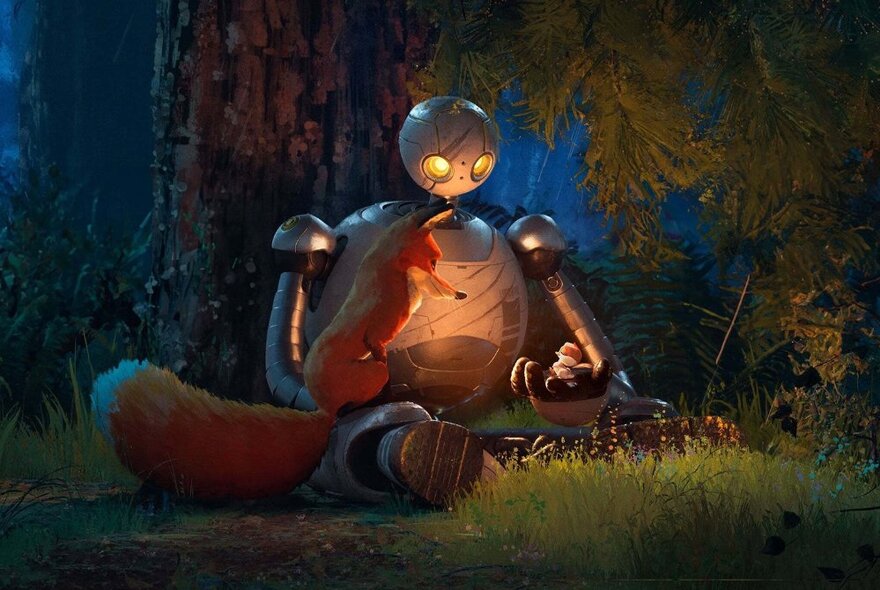 A cartoon robot seated at night under a tree with a fox and a baby bird.