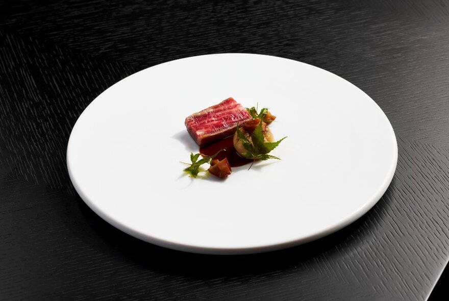 A large white plate holding a small serving of red meat with garnishes.