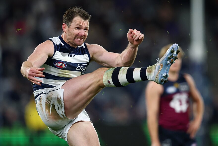 Profile of a Geelong AFL player with his leg raised high in front of him, having just kicked a football.