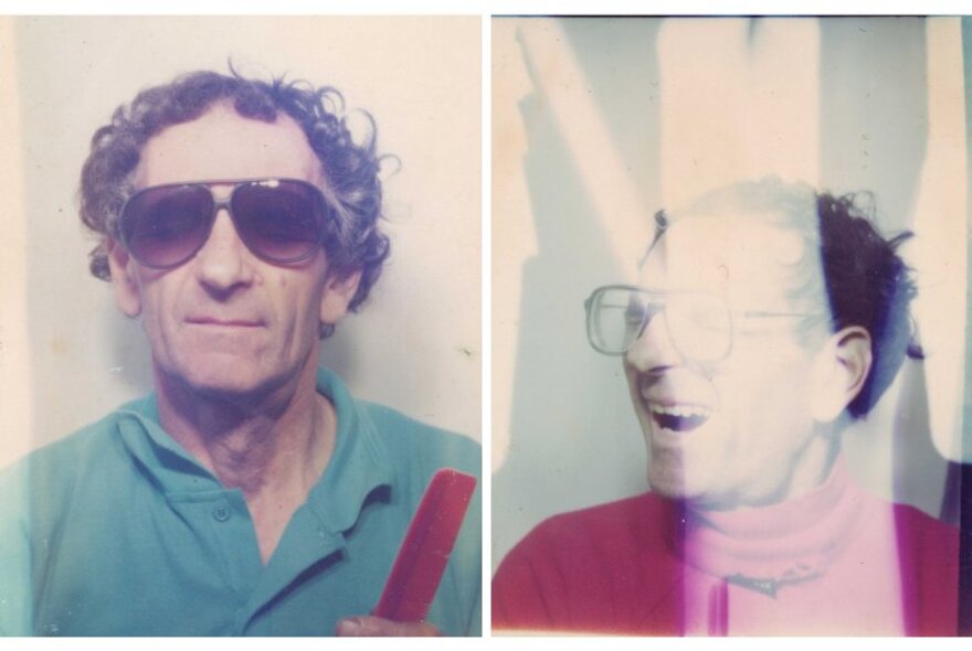 Two colour photobooth portraits of Alan Adler from the 1980s, wearing '80s style sunglasses in one and glassed in the other.