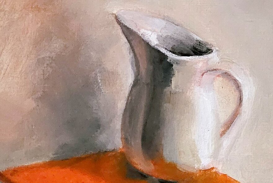 Oil painting of a white jug on a table against a white wall.