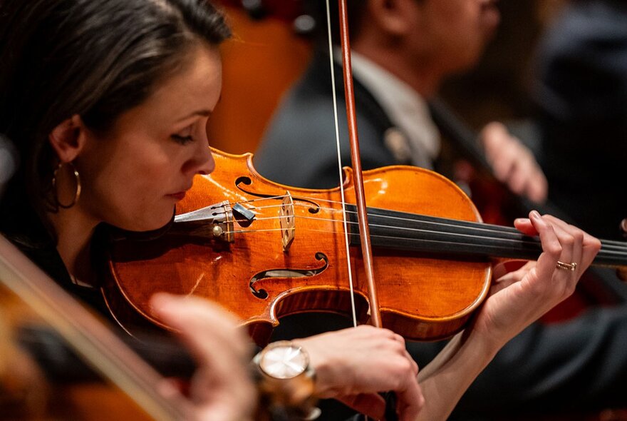 Close shot of a female violinist playing in an orchestra.