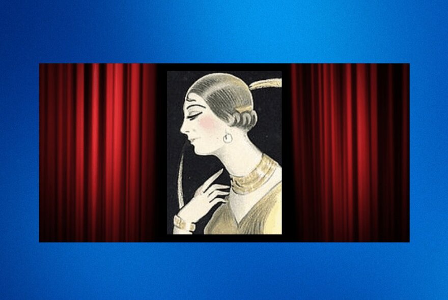 A thick blue frame surrounding a drawing of a 1920s flapper between two stage red curtains. 