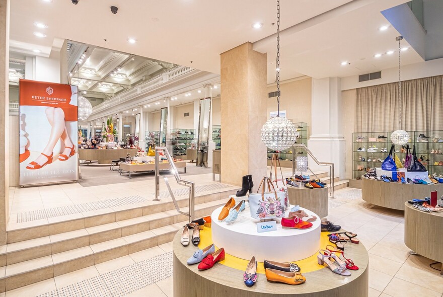 Interior of shoe shop with shoes on display.