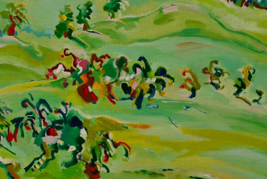 An abstract landscape painting showing green hills and trees in a red and green. 