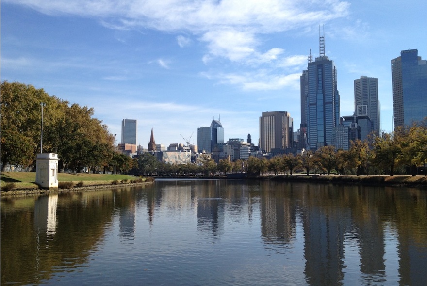 View of Melbourne skyscrapers from Yarra River.