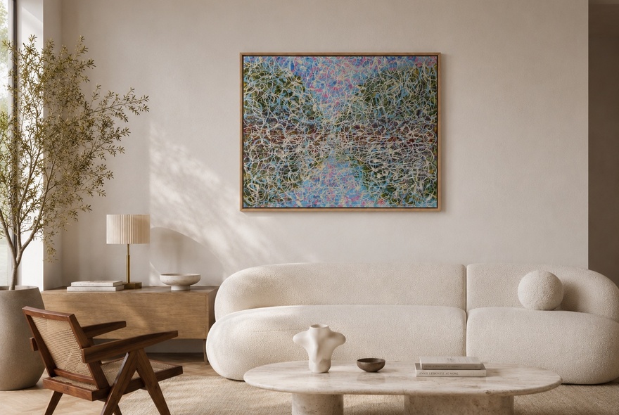 A colourful abstract painting hung on a wall above a curved white sofa and next to an indoor olive tree.