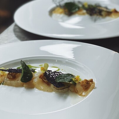 White plates with artfully presented entree.