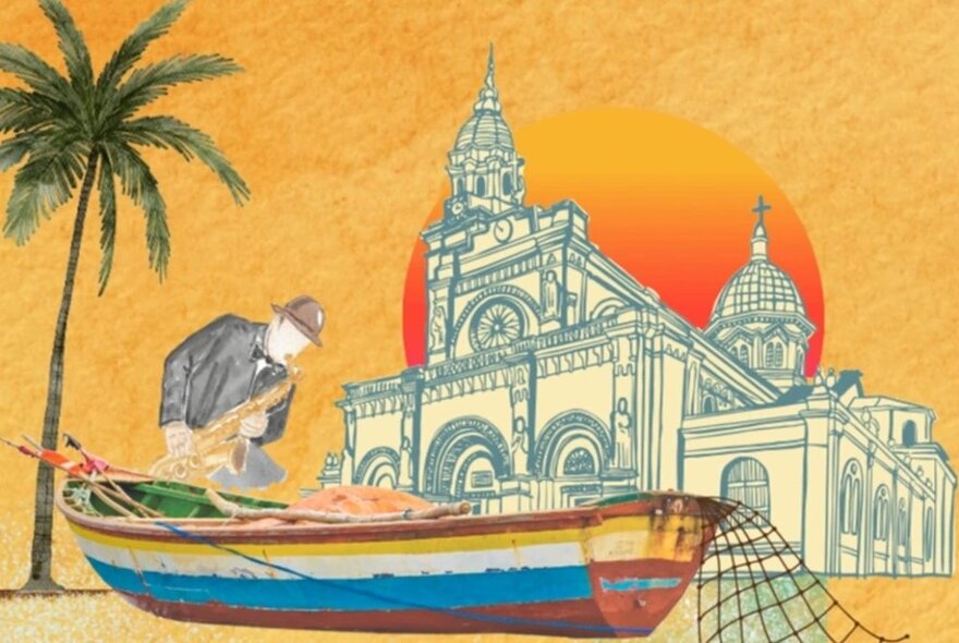 Illustration of a fishing boat, a man playing a saxophone, a palm tree and a large church, against a yellow background with a setting sun.