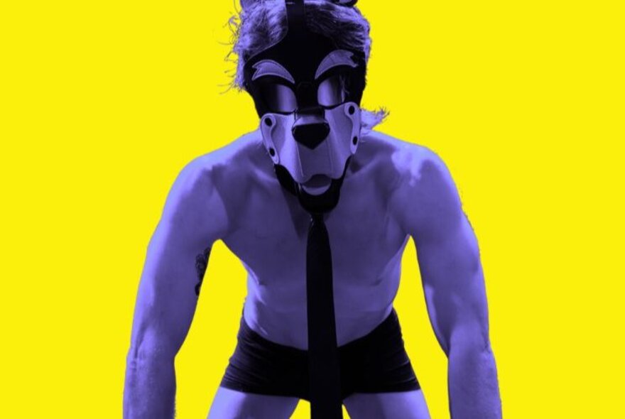 A shirtless person with purple-tinted skin wears a black cartoonish dog mask and a black necktie, leaning forward against a bright yellow background.