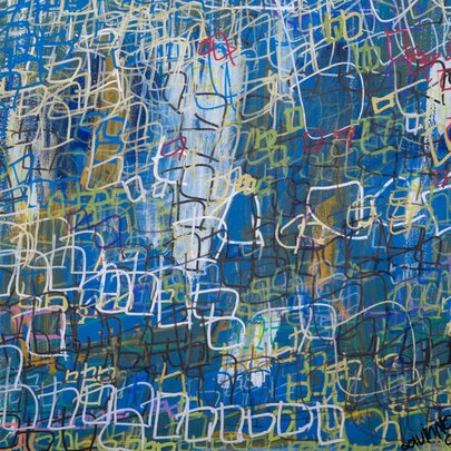 A mostly blue artwork with white, scribbled squares all over it, creating a textural pattern.