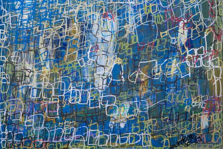 A mostly blue artwork with white, scribbled squares all over it, creating a textural pattern.