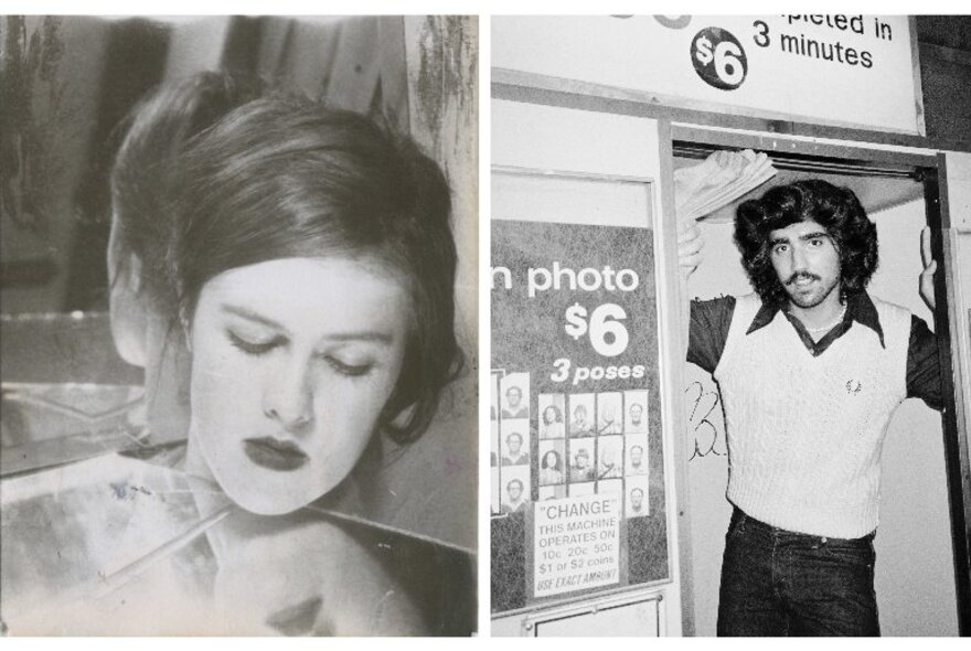 Photobooth portrait from the 2010s of a woman with her eyes closed; and Kyle Archie Knight, standing in a photobooth with big hair and a tucked in t-shirt.