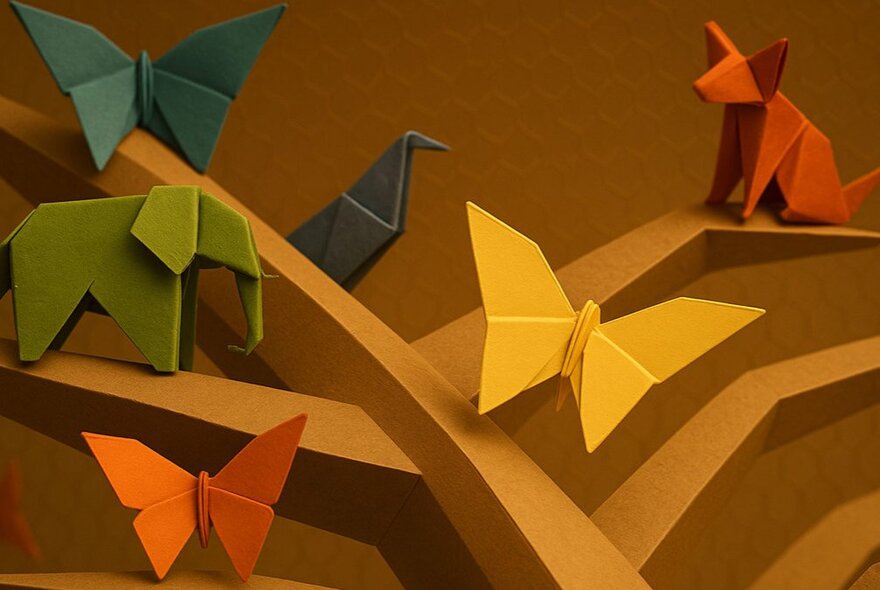 An origami forest with plants, butterflies, an elephants and a dog, all made of coloured paper. 