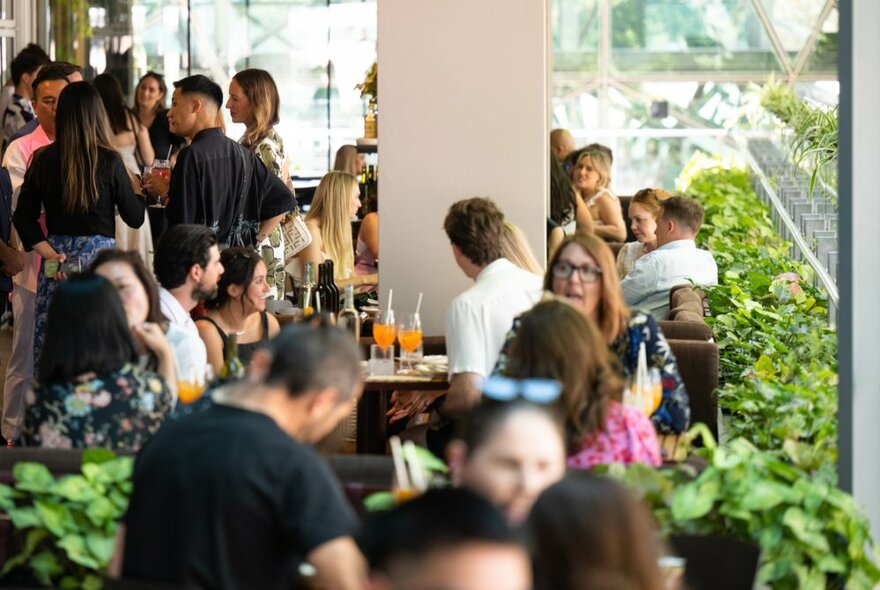 People sitting at tables in an outdoor terrace bar with greenery around them, eating and drinking.