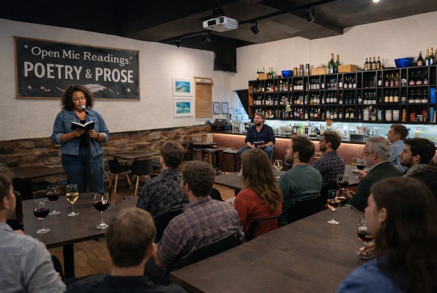 A small gathering in a wine bar with a woman reading under a 'poetry and prose' sign. 