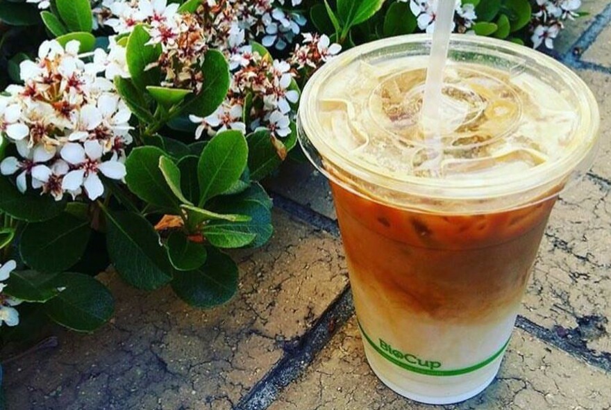 Takeaway iced coffee in plastic container with lid and straw.