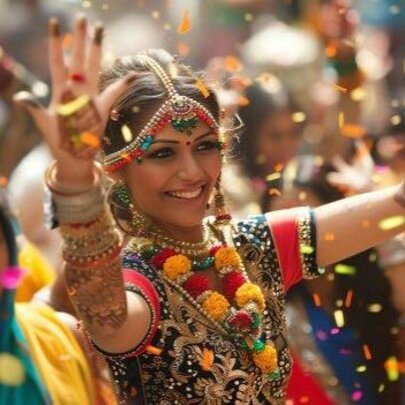 Indian dancer wearing traditional dress in a crowd of dancers with confetti.