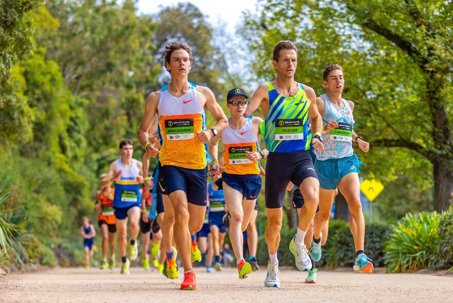 A group of professional male runners running through Melbourne's Botanic Gardens on the Tan track.