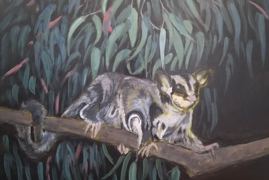 An oil painting depicting a sugar glider perched on a wooden branch at night with gum leaves in the background.
