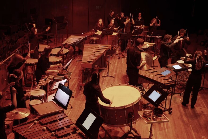 Musicians on a stage all playing percussive instruments.