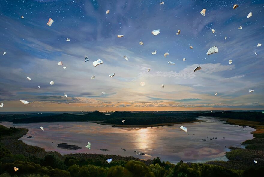 Landscape artwork depicting a horizon, with a large body of water, and small white jagged objects floating in the foreground.