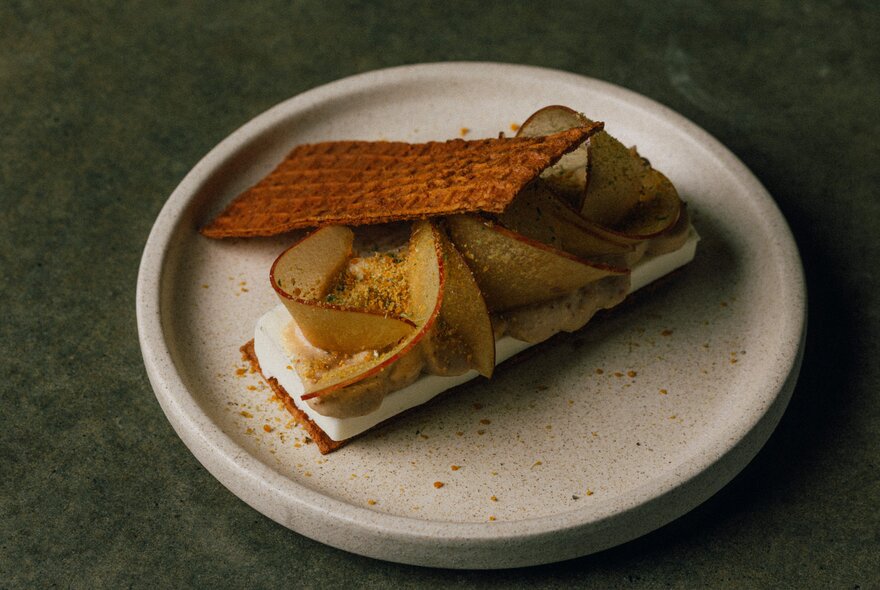 A restaurant dessert with sliced apple arranged on top and toile. 