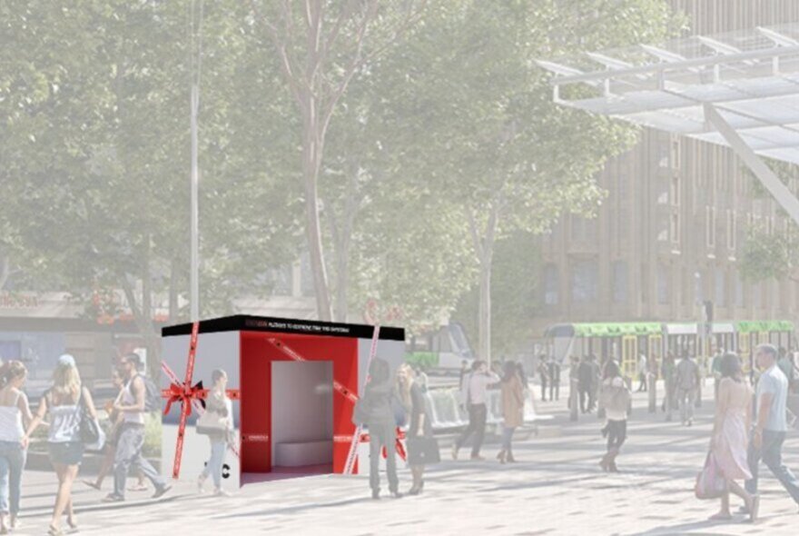 A digital render of people walking through City Square in Melbourne, with a photo booth set up in the middle designed to look like a big present.