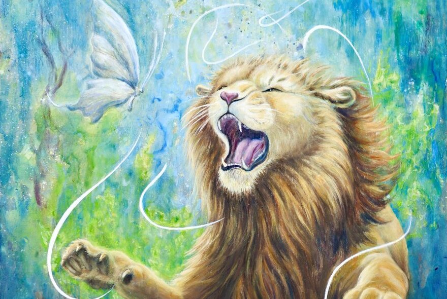 Painting of a roaring lion against a green and blue background, with a large white butterfly hovering close to the lion's face.