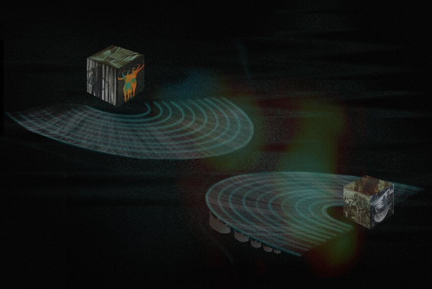 A very dark image showing showing two offset concentric circles with cubes in the centre. 